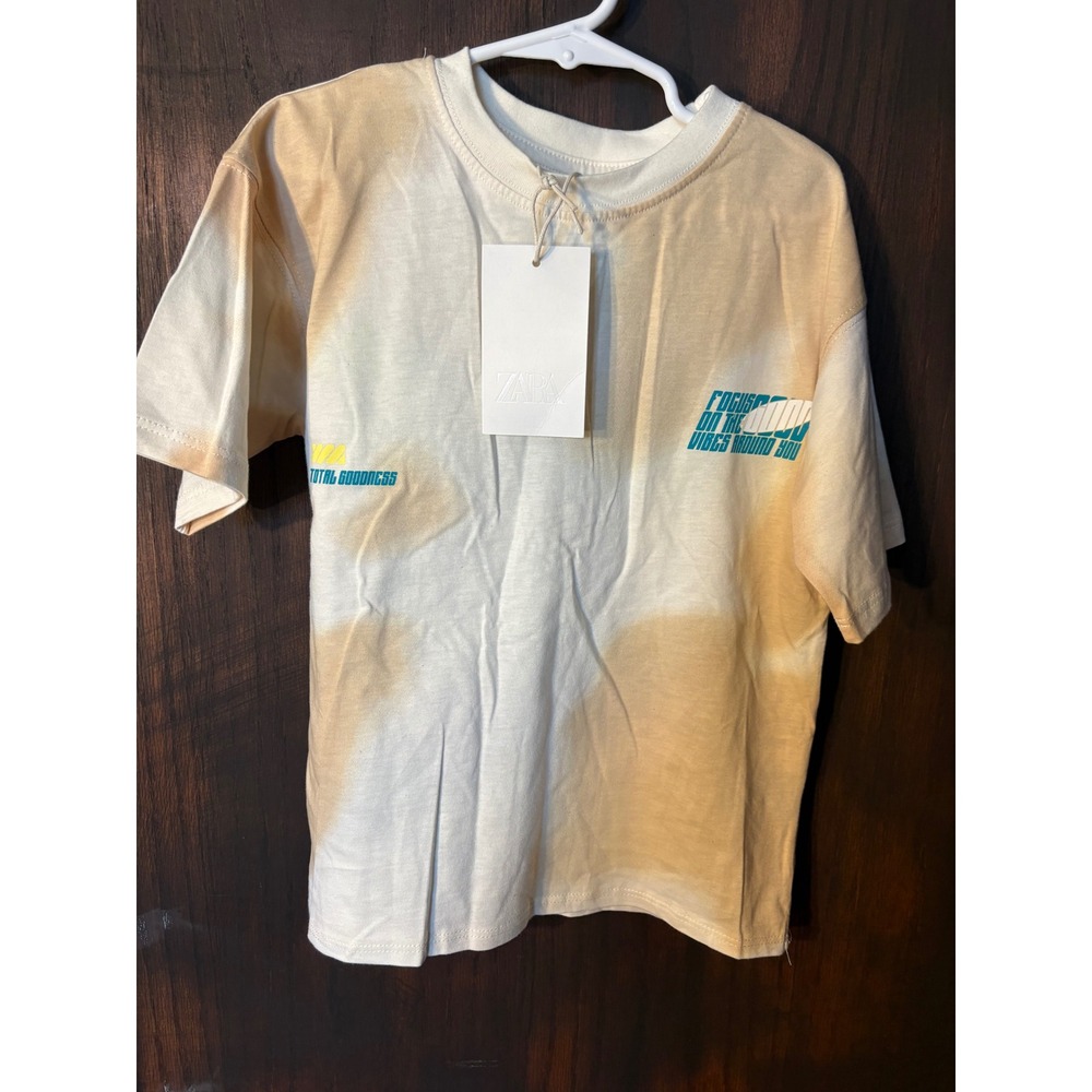 Zara Kids Graphic T-Shirt Tan White Tie Dye Focus On The Good Vibes Size 6-7Y